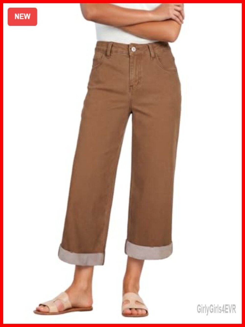 High Waisted Wide Leg Cropped Capri Rolled Hem Denim Jeans Stretchy